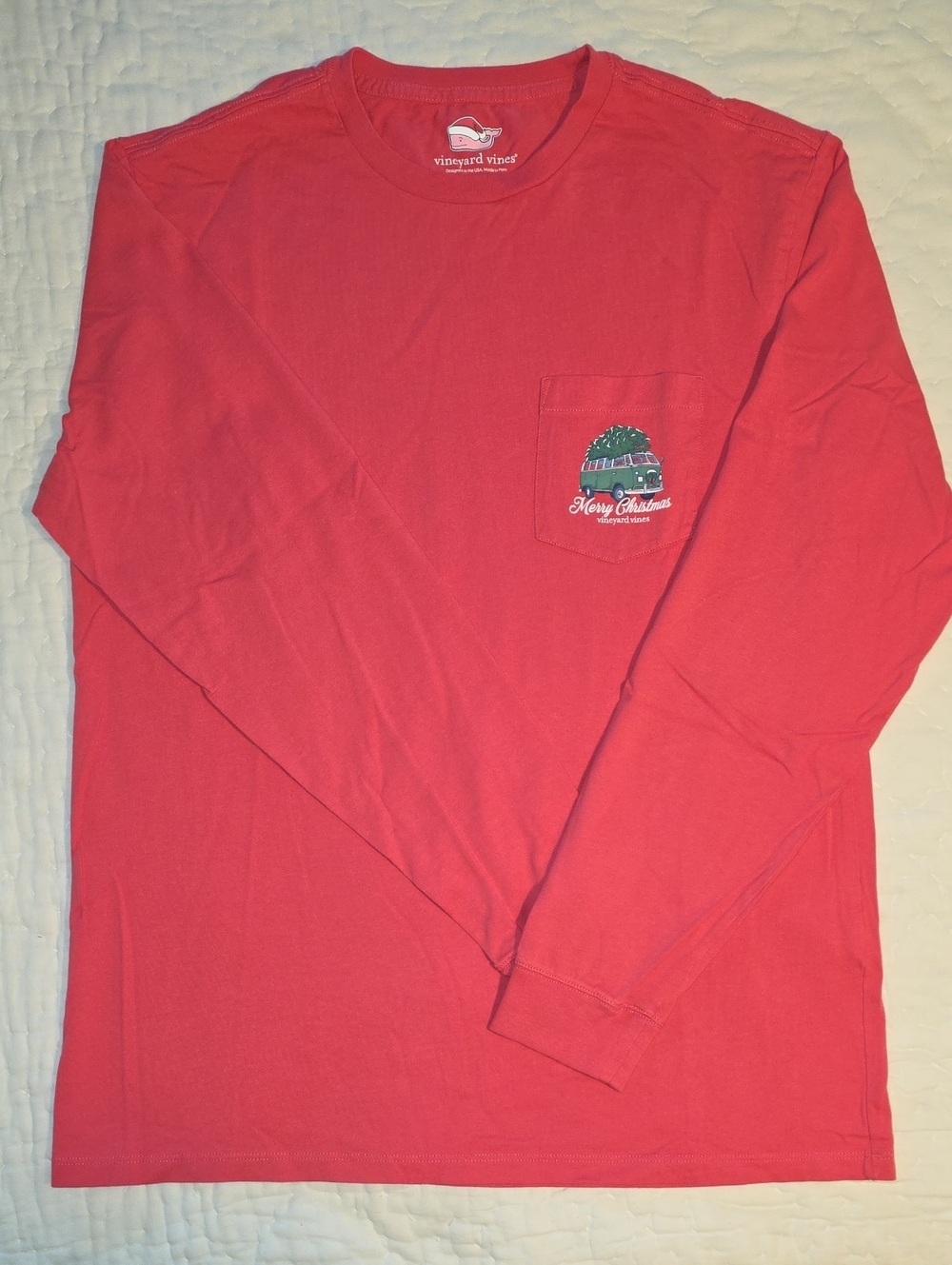 Vineyard Vines Red Long-Sleeve Pocket Tee with Holiday Van Pocket Graphic